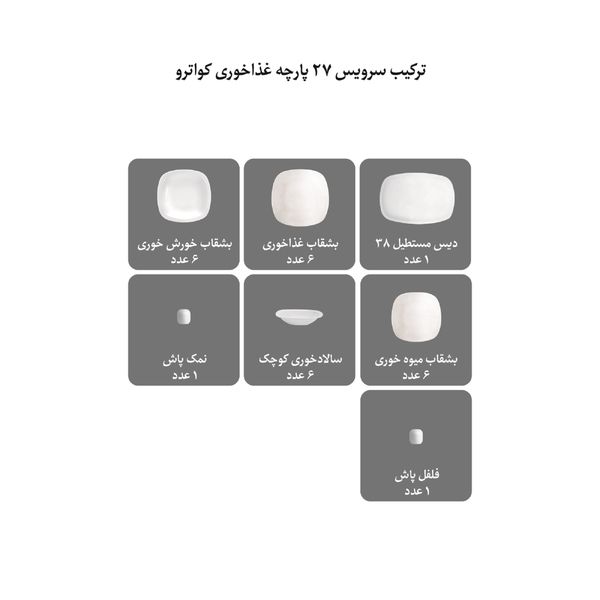 سرویس غذاخوری 27 پارچه چینی زرین ایران سری کواترو مدل وگاس اوریت درجه یک