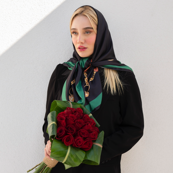 روسری ابریشم توییل مشکی گوچی کمربندی قواره 90