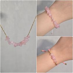 دستبند و گردنبند سنگ رز کوارتز اصل نماد عشق و محبت