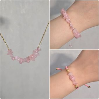 دستبند و گردنبند سنگ رز کوارتز اصل نماد عشق و محبت