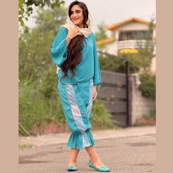 شلوار کریشه سبز بنتون عروسکی پایین چیندار بوهو استایل