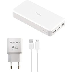 پاوربانک شیائومی مدل Redmi PB200LZM ظرفیت 20000 میلی آمپرساعت به همراه شارژر دیواری سامسونگ و کابل تبدیل