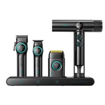 ست ماشین اصلاح مو، صورت و سشوار وی جی ار مدل Stepless Pro مجموعه 4 عددی با قابلیت تنظیم سرعت بی‌پله، نمایشگر دیجیتال، تیغه‌های ض