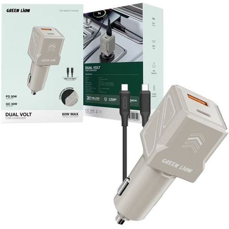شارژر فندکی 60w دو پورت 1پورت PD دارای کابل دوسر گرین لاین GL-CC12 ( ضمانت اصالت - گارانتی طلایی تعویض ⭐)