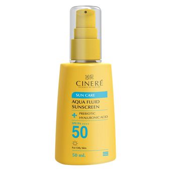 فلوئید ضد آفتاب بی‌رنگ سینره، 50 SPF، مدل PREBIOTIC، مناسب پوست‌های چرب با حجم 50 میلی‌لیتر، فاقد پارابن، محافظت‌کننده در برابر