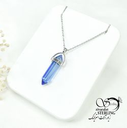 گردنبند استیل استوانه آبی رنگ کد 6612