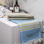 حوله حمام دستباف ریسما با طراحی سفارشی در دو رنگبندی آبی و زیتونی - شماره 67/01