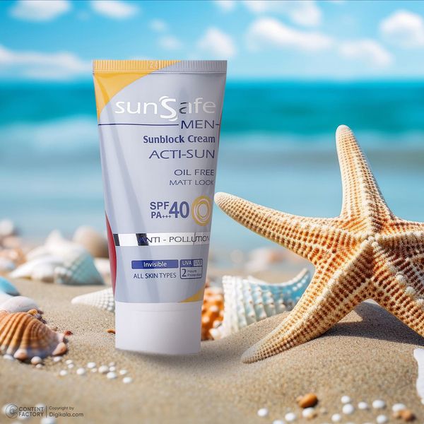 کرم ضدآفتاب بدون رنگ آقایان سان سیف، مدل 40 SPF، مناسب انواع پوست و حجم 50 میلیلیتر، محافظت کننده در برابر اشعه UVA و UVB، فاقد