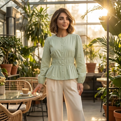 شومیز زنانه نخی دکمه مرواریدی سبز