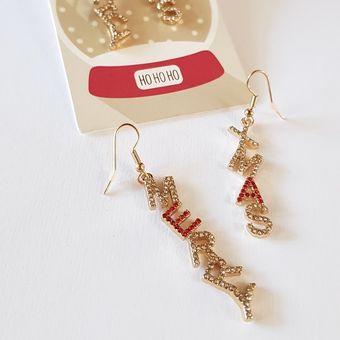 گوشواره عصایی طرح Merry Xmas (کریسمس مبارک) - نگین‌دار، طلایی و زیبا ،هدیه مناسب شب یلدا و کریسمس  کد E155