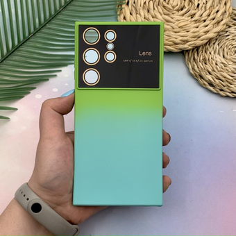 قاب گوشی Galaxy S23 Ultra سامسونگ سیلیکونی دو رنگ فانتزی محافظ لنز دار شیشه ای