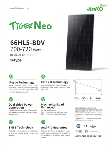 پنل خورشیدی 705 وات بایفشیال جینکو سولار Jinko Solar پالتی | با فناوری N-type مدل JKM705N-66HL5-BDV-Z1-AU