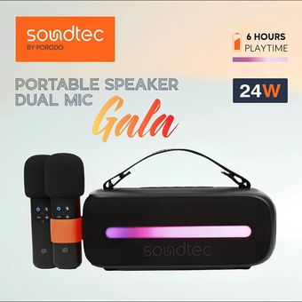 اسپیکر بلوتوث پرودو مدل Gala به همراه دو عدد میکروفونPorodo Soundtec 24W Speaker with Dual Wireless Microphone