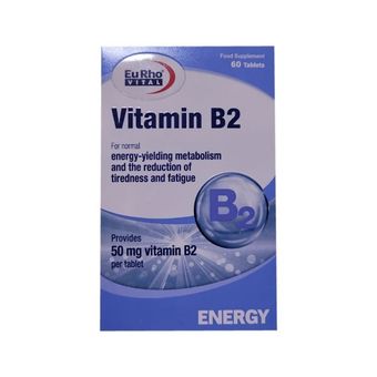قرص ویتامین B2 یوروویتال مدل Vitamin B2 آلمان با دوز 50 میلی‌گرم، کاهش خستگی و افزایش متابولیسم انرژی، بسته 60 عددی