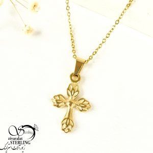 پلاک استیل زنانه صلیب طرح گل کد 8001