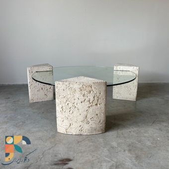 "میز جلومبلی مدرنGLORYترکیب سنگ تراورتن و شیشه، با 3 پایه سنگی طراحی خاص و لاکچری"
