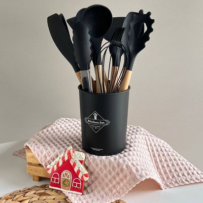 سرویس کفگیر ملاقه سیلیکونی دسته بامبو- 12 پارچه کیچن