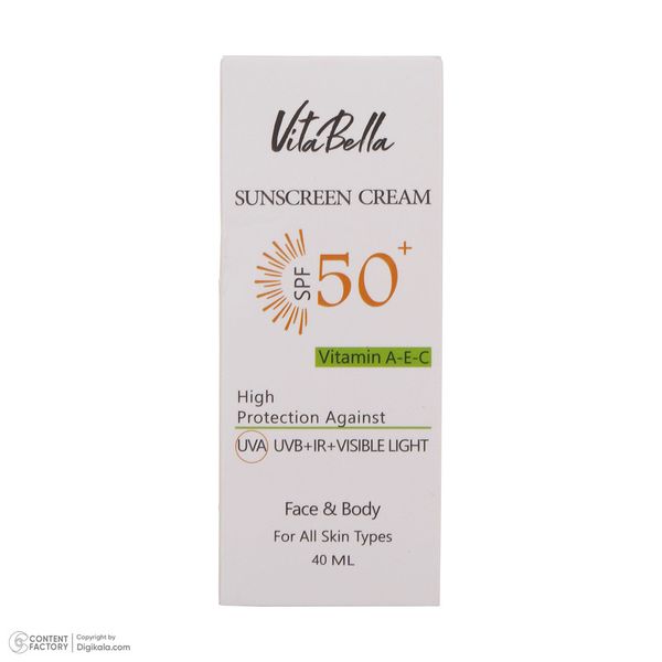 کرم ضدآفتاب بیرنگ ویتابلا +SPF50 مدل 001 مناسب انواع پوست، حجم 40 میلیلیتر