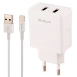 شارژر دیواری 12W دو پورت مک دودو مدل CH-3970 به همراه کابل USB به lightening با گارانتی 12 ماهه شرکتی