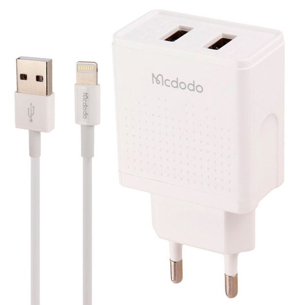 شارژر دیواری 12W دو پورت مک دودو مدل CH-3970 به همراه کابل USB به lightening با گارانتی 12 ماهه شرکتی