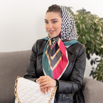 روسری ابریشم توییل پیه دوپل مشکی سفید پیچازی سبز و قرمز سرخابی