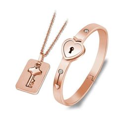 ست گردنبند و دستبند عاشقانه قفل و کلید رزگلد