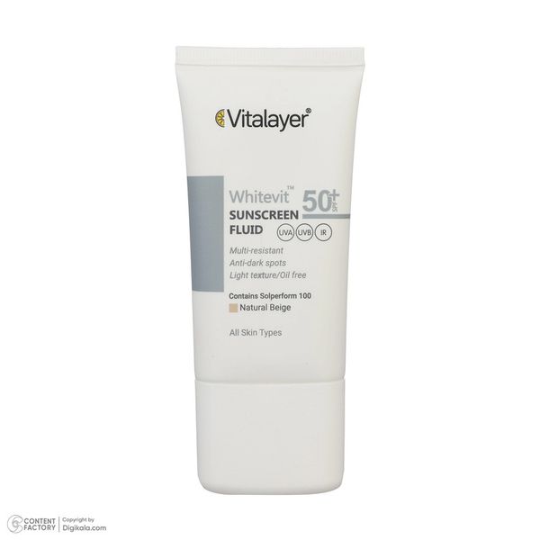 فلوئید ضدآفتاب رنگی ویتالیر SPF 50 مدل Whitevit مناسب انواع پوست حجم 50 میلی لیتر