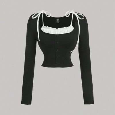 کراپ آستین بند پینترستی دو رنگ یقه چین دار