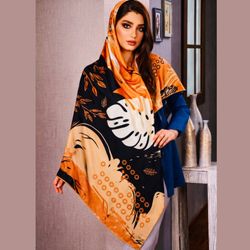 روسری نخ ابریشم گارزا هاوایی مشکی سفید نارنجی دستدوز قواره 140