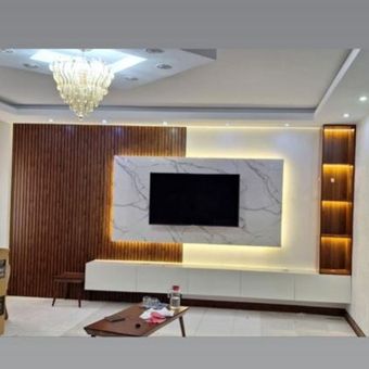 تی وی وال همراه با شلف دکوری نور پردازی شده