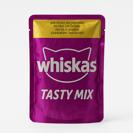پوچ گربه آلمانی ویسکاس با طعم مرغ و سبزیجات در سس / Whiskas pouch wet cat food with chicken and veg. in sauce