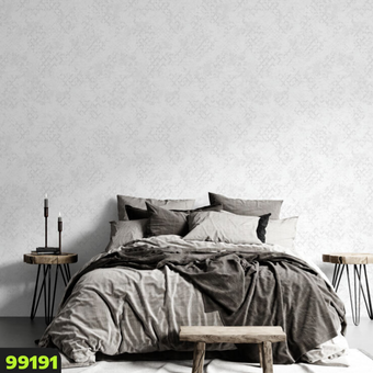 کاغذدیواری سفید با شاین نقره ای طرح پتینه مدرن 99191