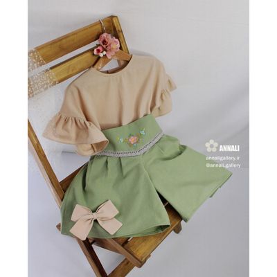 ست دو تیکه دخترانه هانی رنگ کرم سبز