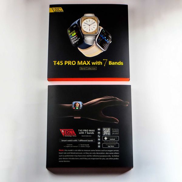 ساعت هوشمند ورنا مدل T45 Pro max With 7 Bands، مناسب برای ورزش، روزمره، رسمی، دارای قابلیتهای صفحه نمایش رنگی و لمسی، کنترل موس