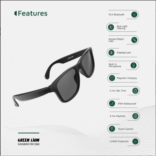 عینک آفتابی هوشمند بلوتوثی گرین لاین مدل سیدنی Green Lion sydney Smart Glasses