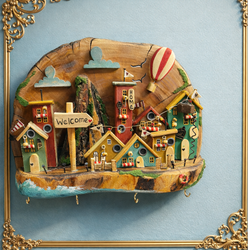 جاکلیدی دیواری دکوری طرح دهکده چوبی