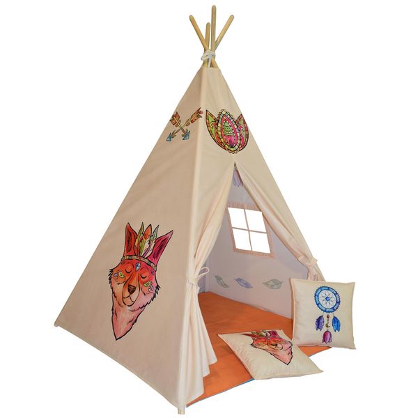 چادر بازی کودک مدل سرخپوستی طرح حیوانات کد PT505 به همراه کوسن