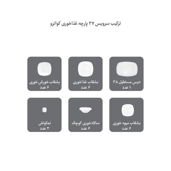 سرویس غذاخوری 27 پارچه چینی زرین ایران سری کواترو مدل ریوا درجه عالی