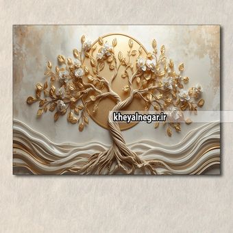 تابلو عکس درخت طلایی با شکوفه های سفید و برگ های طلایی _ کد C40