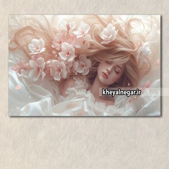 تابلو هنری لوکس دختر زیبا با شکوفه‌های سفید بهاری - کد C47