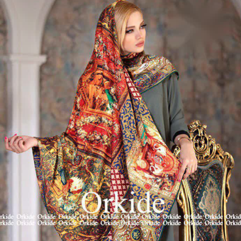 روسری نخ ابریشم گارزا دستدوز طرح سلطنتی قواره 140