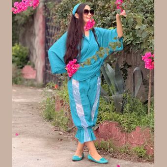 شلوار کریشه سبز بنتون عروسکی پایین چیندار بوهو استایل