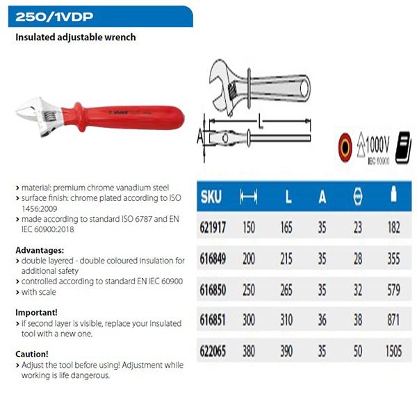 آچار فرانسه عایق برق یونیور مدل 250/1VDP سایز 12 اینچ