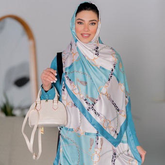 شال ابریشم توییل کمربندی استخونی فیروزه ای