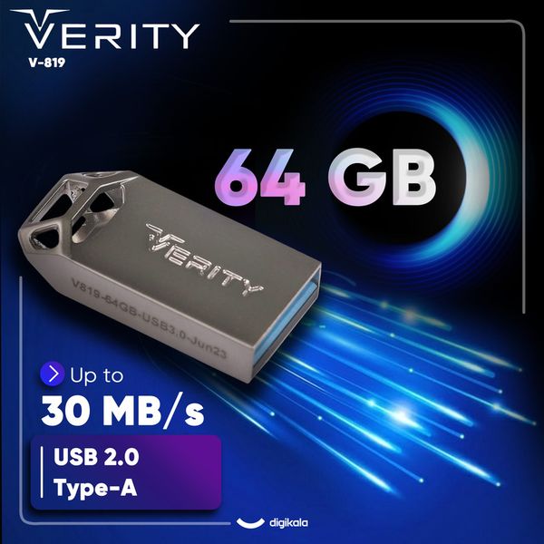 فلش مموری وریتی مدل V-819 ظرفیت 64 گیگابایت با بدنه فلزی، رابط USB 2.0 Type-A، سرعت انتقال 30 مگابایت بر ثانیه و سازگار با گوشی،