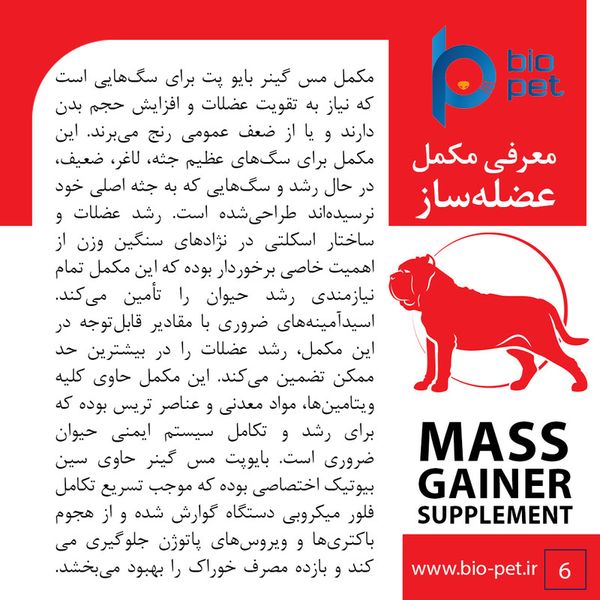 مکمل عضله‌ساز سگ بایو پت مدل Mass Gainer وزن 400 گرم