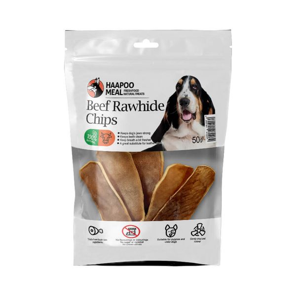 تشویقی سگ هاپومیل مدل چیپس پوست گاو کد Beef Backstraps Tendons وزن 50 گرم