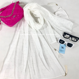 شال یاخما سفید منگوله دار