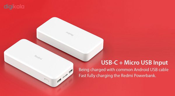 پاوربانک شیائومی مدل Redmi ظرفیت 20000 میلی آمپرساعت به همراه کابل تبدیل microUSB
