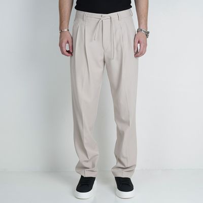 شلوار پارچه ای نیم بگ ZARA مدل بنددار - رنگ استخوانی